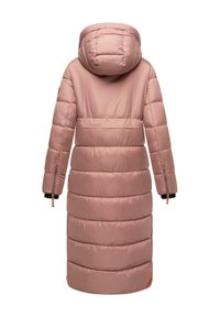 Long puffer jacket made of smooth, light pink fabric. Features a hood, horizontal quilted segments, and zippered cuffs with orange accents.