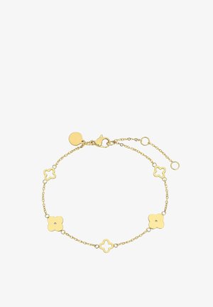 Gouden armband met een delicate schakel met bloemvormige schakels en een ronde sluiting. Glad afgewerkt met gepolijste accenten en een verstelbare lengte.