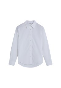 Camisa blanca de manga larga con cuello puntiagudo, botones frontales y dobladillo curvado, presentada sobre un fondo blanco.