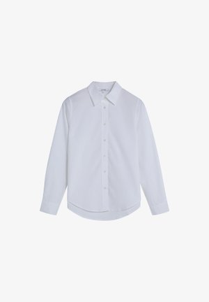 White long-sleeve button-up shirt with pointed collar, front buttons, and curved hem, displayed against a white background.