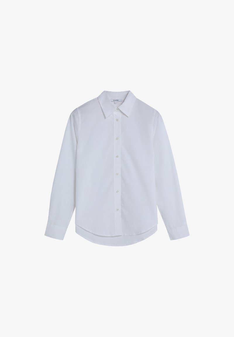 White long-sleeve button-up shirt with pointed collar, front buttons, and curved hem, displayed against a white background.