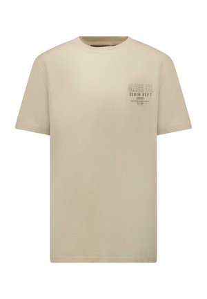 Beige T-shirt met korte mouwen en ronde hals, met kleine tekst "GLOBAL CO. DENIM DEPT" op de linker bovenborst.