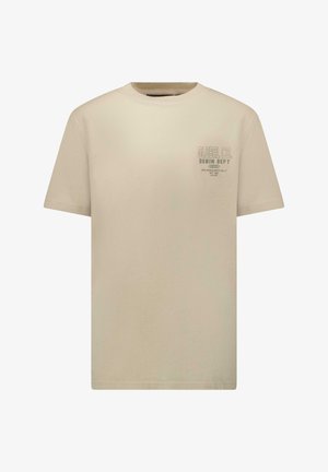 Beige T-shirt met korte mouwen en ronde hals, met kleine tekst "GLOBAL CO. DENIM DEPT" op de linker bovenborst.