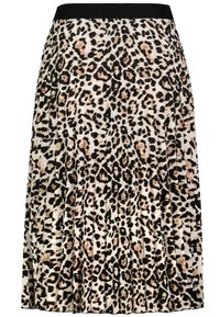 Leopardmuster-Rock mit Falten-Design, schwarzem elastischem Bund und einer Mischung aus Beige-, Braun- und Schwarztönen auf einem hellen Hintergrund.