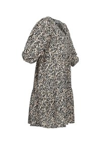Tiered Rock mit Animal-Print in Beige und Schwarz. Hat eine lockere Passform, kurze Puffärmel, einen V-Ausschnitt und ein gestuftes Rockdesign.