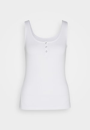 Balta liemenėle pagaminta iš raukšlėtos medžiagos, turinti apvalų iškirpimą ir tris metalines spaustukas priekyje. Lygus paviršius, prigludusi forma.