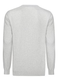 Pull long à manches longues gris clair avec des poignets et un ourlet côtelés, présenté de dos sur un fond blanc.
