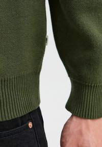 Olivengrønn strikket genser med ribbestrikkede mansjetter og hem. Inkluderer et lite merkelapper på siden. Båret over mørke denimbukser.