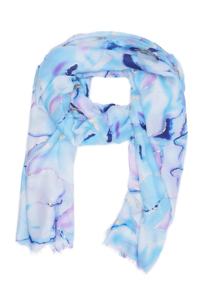 Sciarpa azzurro chiaro con un motivo floreale in acquerello con accenti in viola e oro, realizzata in un tessuto morbido e leggero con bordi frangiati.