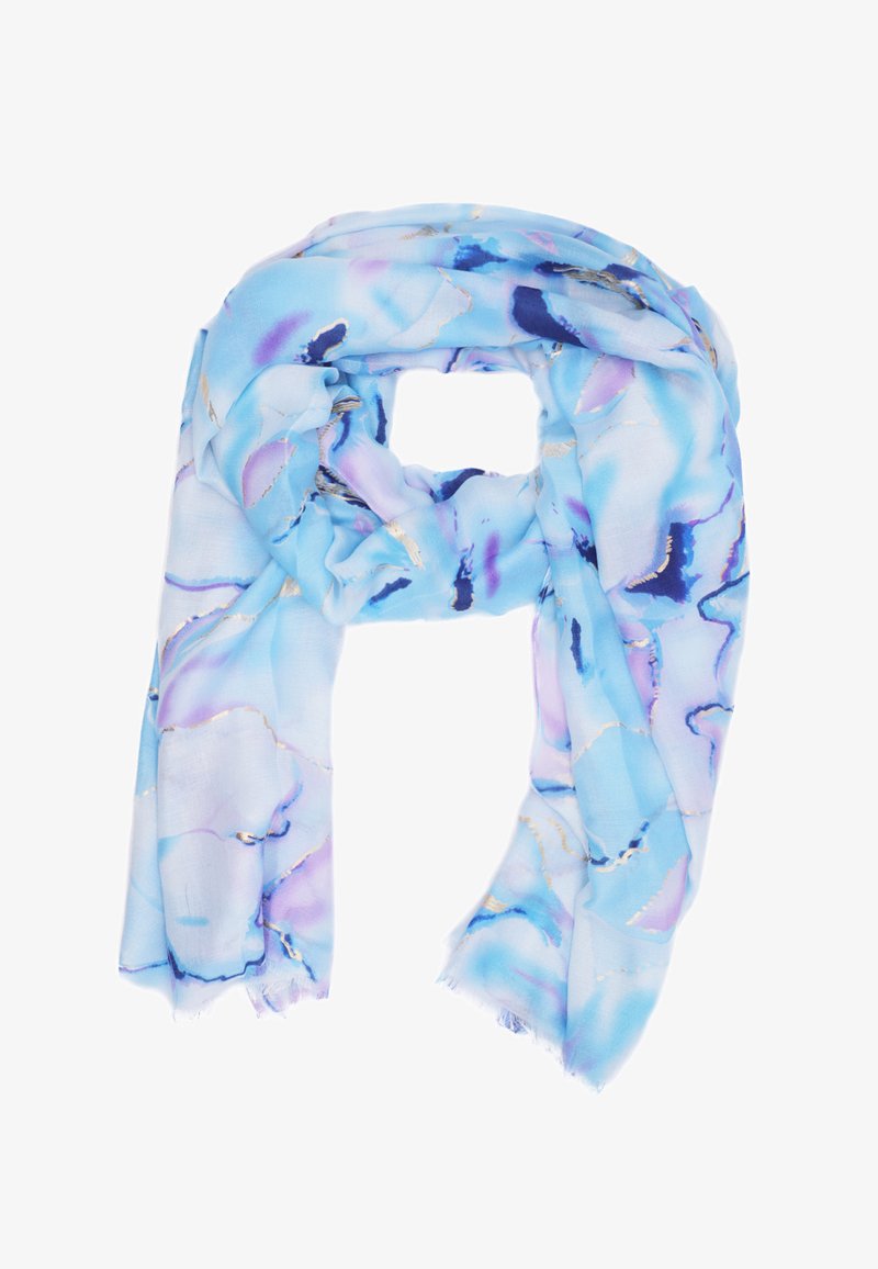Sciarpa azzurro chiaro con un motivo floreale in acquerello con accenti in viola e oro, realizzata in un tessuto morbido e leggero con bordi frangiati.