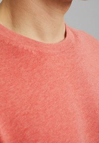 Koral-farbener Rundhals-Pullover aus weichem Stoff. Verfügt über einen gerippten Ausschnitt mit glatter Textur und einem dezenten melierten Muster.