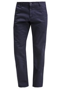 Granatowe chinosy wykonane z bawełny, o prostych nogawkach, z zamkiem błyskawicznym i zapięciem na guzik oraz dwoma przednimi kieszeniami. Gładka tekstura.
