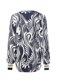 Camicetta a maniche lunghe con motivo floreale astratto in blu navy e bianco, con polsini a coste con strisce beige, bianche e blu navy, mostrata da dietro.