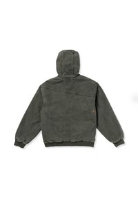 Green hooded sweatshirt with a textured surface, ribbed cuffs and hem, and a diagonal seam detail on the back. Contains small logo accent.