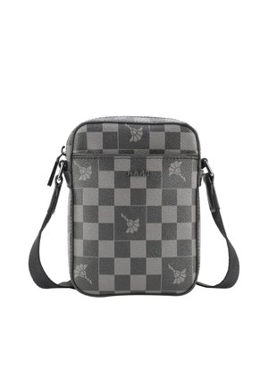 Sac messager à carreaux gris en simili cuir avec des accents floraux, fermeture zippée sur le dessus, bandoulière réglable et détail logo embossé.