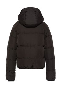 Giubbotto puffa nero con cappuccio, caratterizzato da un design trapuntato, polsini elastici e una silhouette corta, realizzato in un materiale liscio e imbottito.