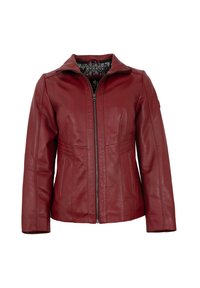 Rote Lederjacke mit Reißverschluss vorne, hohem Kragen und dezenten Nähdetails. Verfügt über zwei Seiten Taschen und ein gemustertes Futter.