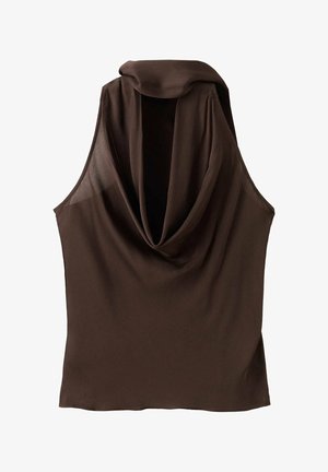 Sleeveless dark brown top with a draped cowl neckline and a racerback style, displayed on a white background.