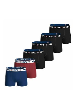 Sei paia di boxer da uomo in nero, blu navy e rosso con fascia elastica in vita con loghi e testo NFL.