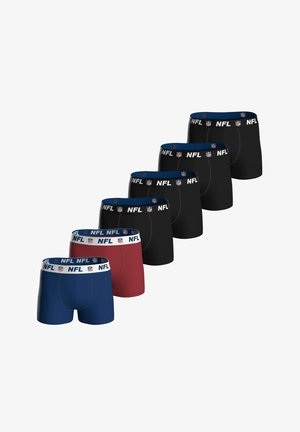 Six paires de boxers pour hommes en noir, bleu marine et rouge avec des ceintures élastiques ornées de logos et de textes NFL.