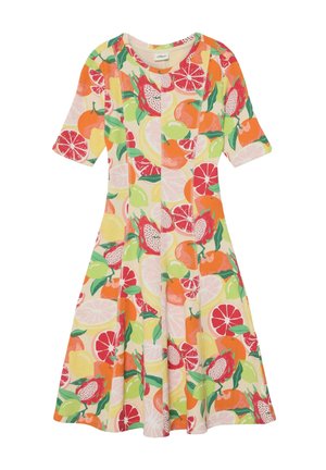 Kniekorte jurk met korte mouwen en uitlopende rok, met een levendig citrusfruitpatroon in oranje, roze, groen en gele tinten op een crèmekleurige achtergrond.