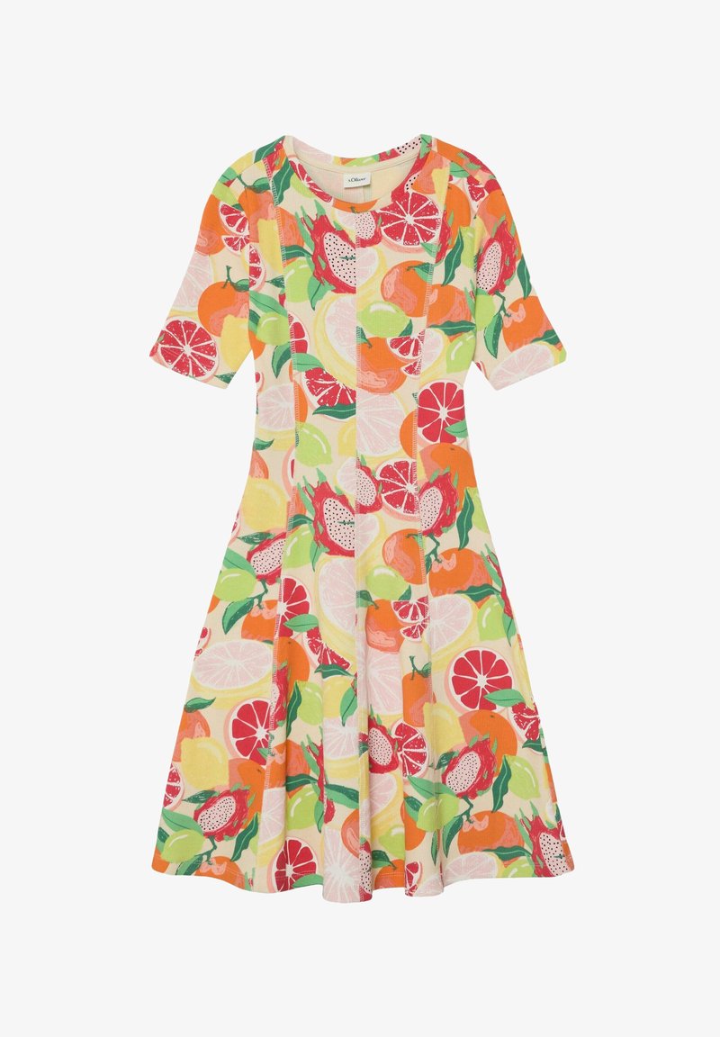 Robe courte jusqu'aux genoux à manches courtes et jupe évasée, avec un motif dynamique de fruits d'agrumes en orange, rose, vert et jaune sur fond crème.