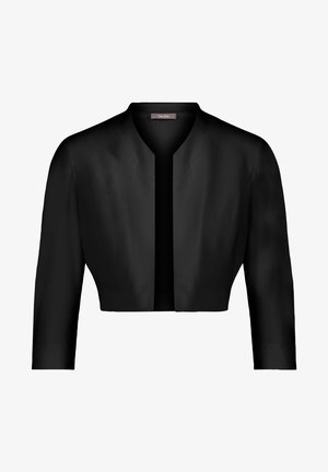 Giacca nera corta con una finitura satinata liscia, dotata di maniche a tre quarti e un design minimalista senza collo.