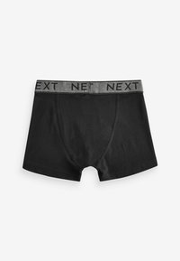 Zwarte katoenen boxershorts met een grijze elastische tailleband waarop het woord "NEXT" in het zwart is gedrukt. Glad oppervlak, klassiek ontwerp, geen extra patronen.