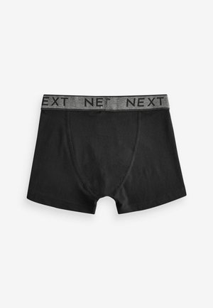 Zwarte katoenen boxershorts met een grijze elastische tailleband waarop het woord "NEXT" in het zwart is gedrukt. Glad oppervlak, klassiek ontwerp, geen extra patronen.
