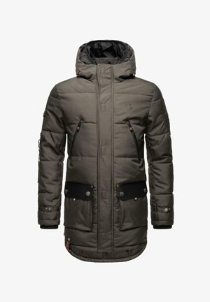 Gepolsterte Parka-Jacke in olivgrün, mit einer schwarzen Kapuze, zwei Reißverschlusstaschen, Klappentaschen mit Druckknopf und strukturiertem Stoffdesign.