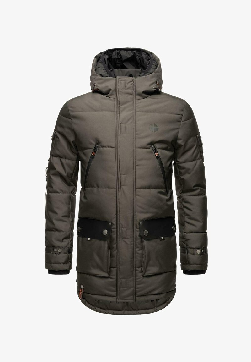 Gepolsterte Parka-Jacke in olivgrün, mit einer schwarzen Kapuze, zwei Reißverschlusstaschen, Klappentaschen mit Druckknopf und strukturiertem Stoffdesign.