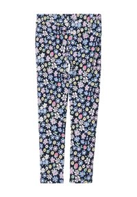 Florale Leggings mit einem marineblauen Hintergrund, die mit kleinen, bunten Blumen in Pink, Lila, Gelb und Grün verziert sind. Elastischer Bund, dehnbares Material.