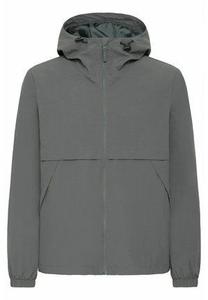 Lekka szara kurtka z zamkiem z przodu, z kapturem, elastycznymi mankietami i dwiema bocznymi kieszeniami. Posiada kontrastowy detal zamka. Gładka tekstura materiału.