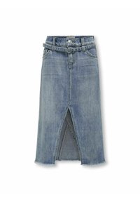 Jeans-midi kjol i ljusblått med en framslits, bältesloopar och franskant. Har fickor och knappstängning i midjan.