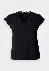 Black short-sleeve V-neck shirt made from soft fabric, featuring a lace trim along the neckline. Simple design with a relaxed fit.