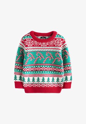 Pull de Noël rouge, vert et blanc avec des motifs de sucre d'orge, de flocon de neige et de sapin de Noël, avec des poignets et un col côtelés.
