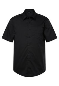 Zwarte short-sleeve shirt van gladde stof, met een knoopsluiting aan de voorkant, een puntige kraag en een enkele borstzak.