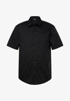 Černá košile s krátkým rukávem z hladké tkaniny, se zapínáním na knoflíky vpředu, špičatým límcem a jednou náprsní kapsou.