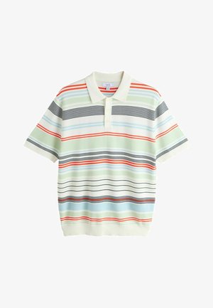 Svītrains polo krekls no mīksta trikotāžas auduma ar horizontālām līnijām mintzaļā, baltā, sarkanā, tumši zilā un gaiši zilā krāsā. Klasiska apkakle un pogas.