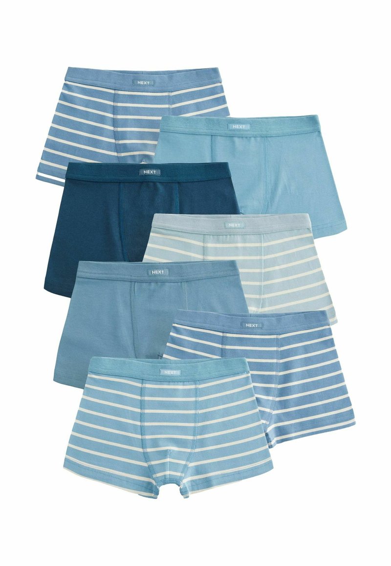 En förpackning med åtta blå boxershorts i olika nyanser och randiga mönster. Tillverkade av mjukt tyg, med varumärkesetikett på midjebandet.