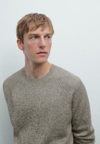 Beige, gebreide trui met een textuurpatroon en raglanmouwen. De halslijn is van het crew-achtige type, en de stof lijkt zacht en warm.