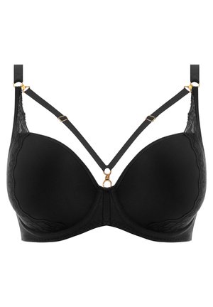 Black bra with smooth padded cups, lace accents, and adjustable straps featuring gold hardware. V-shaped design at the front.