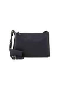 Geantă crossbody din piele neagră cu suprafață netedă și texturată, curea ajustabilă și închidere cu fermoar. Formă dreptunghiulară, design minimalist.