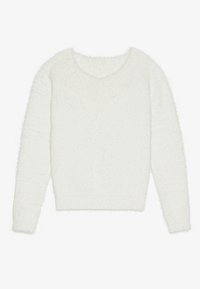Pullover bianco in maglia morbida con maniche lunghe e colletto a V leggermente arrotondato, posato su uno sfondo bianco.
