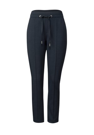 Navy jogger pants made of soft fabric, featuring an elastic waistband with a drawstring, side seams, and tapered legs with ankle cuffs.