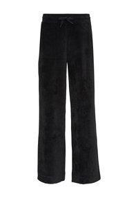 Zwarte flared velours broek met elastische tailleband en trekkoord, met subtiele ribbelstructuur.