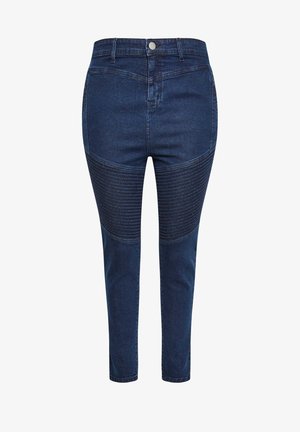 Ciemnoniebieskie dżinsy z wysokim stanem, z fakturowanym, żeberkowym panelem na udach oraz dopasowanym fasonem w kostkach.