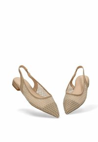 Zapatos slingback con punta afilada, que presentan una parte superior de malla beige adornada con pequeños rhinestones y un tacón sólido bajo.