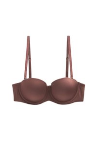 Soutien-gorge rembourré marron avec armatures, texture lisse et bretelles ajustables. Conception minimalement structurée pour soutien et confort.