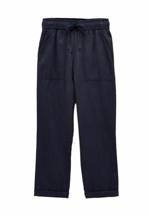Pantaloni casual bleumarin cu talie elastică, închidere cu șnur, buzunare aplicate frontale și tivuri răsucite.
